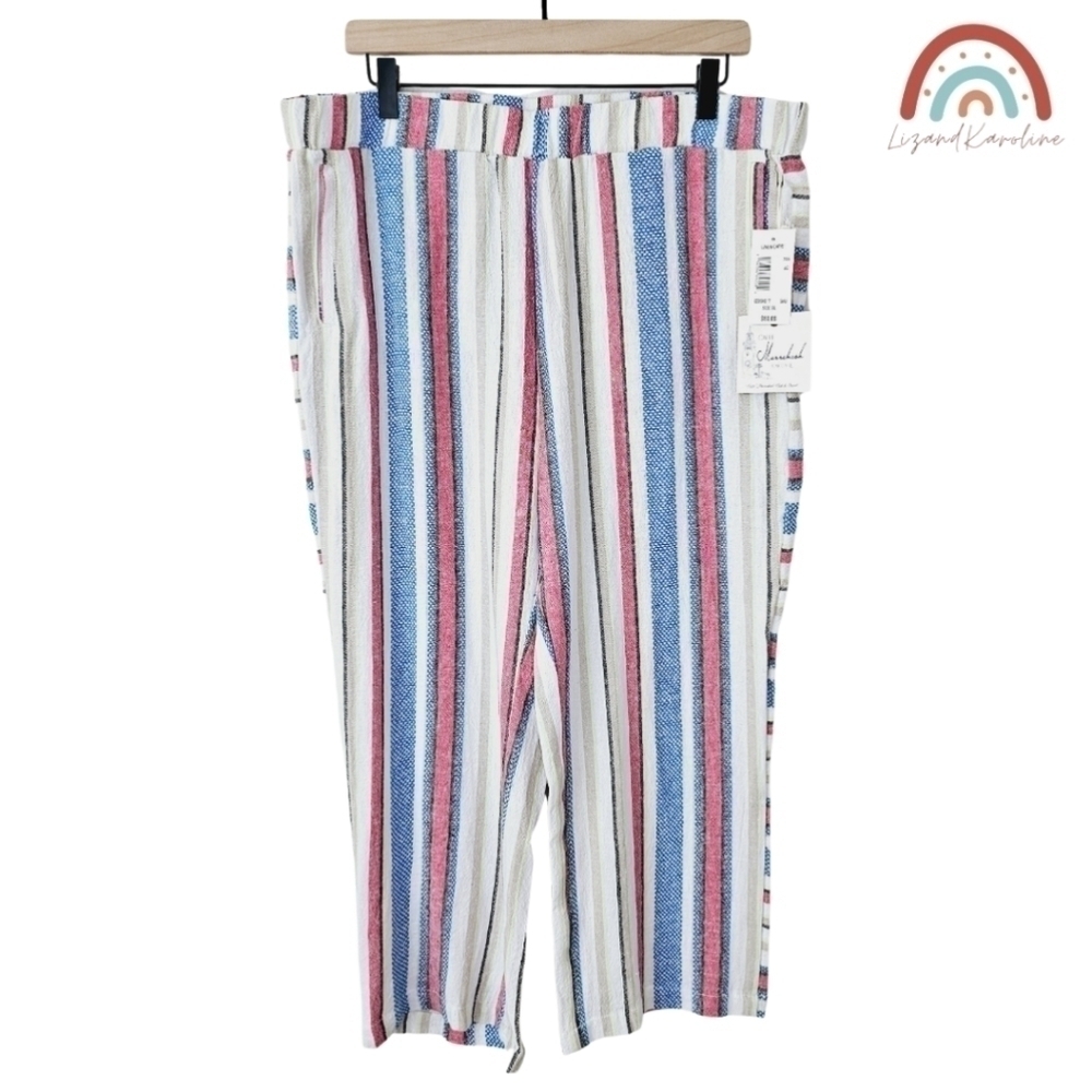 New! Caffe Marrakesh Linen Stripes Pull On Straight Leg Cropped Casual Pants